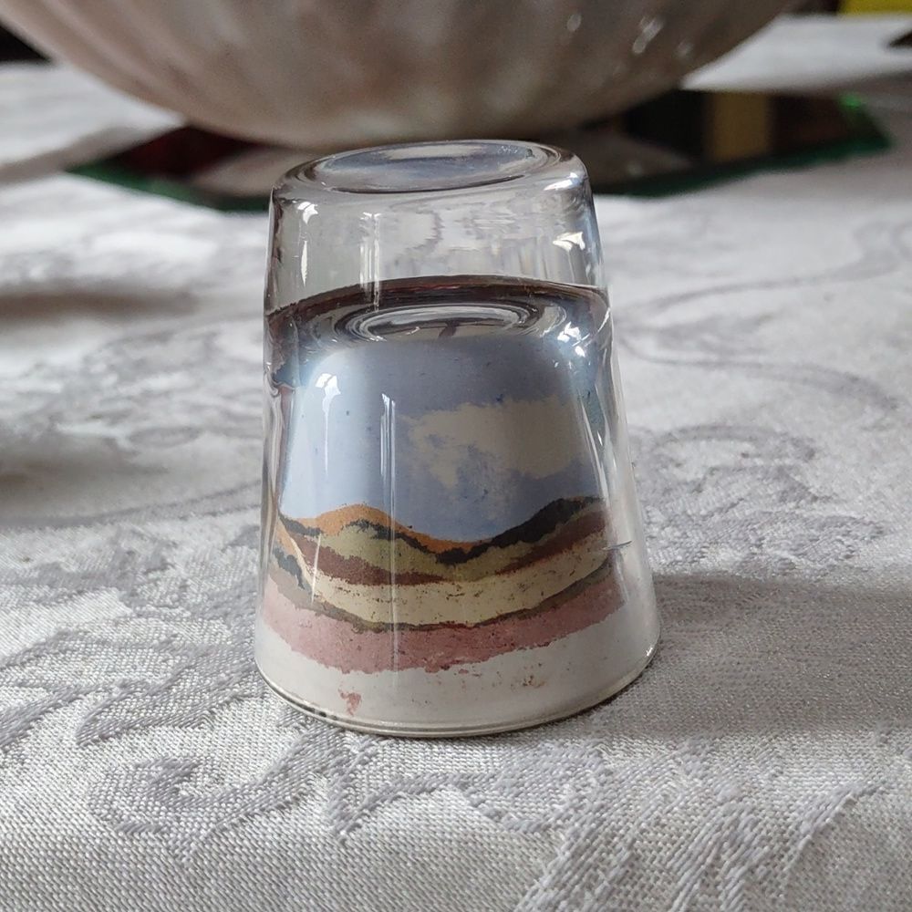 Vintage shot glass Desert Mountain Blue Sky Sand Art